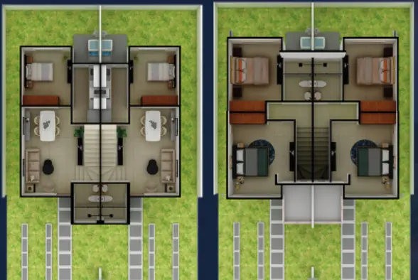 Render del plano: dos casas Cuarzo en espejo, planta baja y planta alta